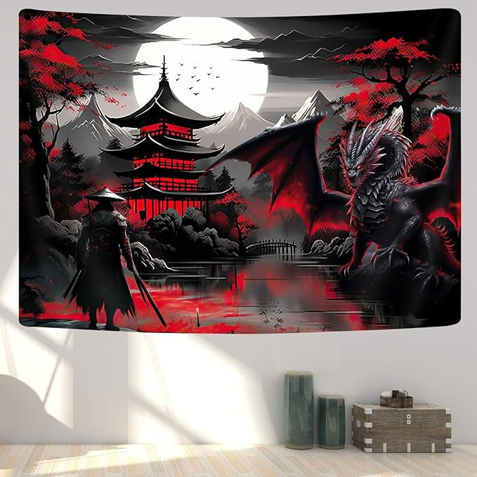 Anime Samurai Tapestry, Cool Red and Black Medieval Fantasy Dragon Tapestry Wall Hanging for Men, Mountain Forest Nature Sunset Dark Asia Japanese Tapestries Aesthetic for Living Room College, 80x60