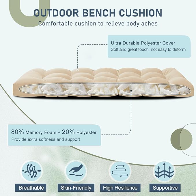 downluxe Outdoor Bench Cushion for Patio Furniture, Water Resistant Tufted Overstuffed Porch Swing Cushions, Thick Outdoor Loveseat Cushions, 59" x 18" x 5", Beige, Set of 1
