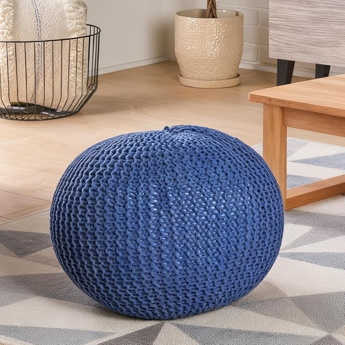 Round Pouf Ottoman, 18" Bordeaux Knitted Cotton Woven Round Pouf, Handmade Woven Bean Bag for Living Room, Floor Bag for Bedrooms, Home, Offices, Sofa Footrest (Navy)