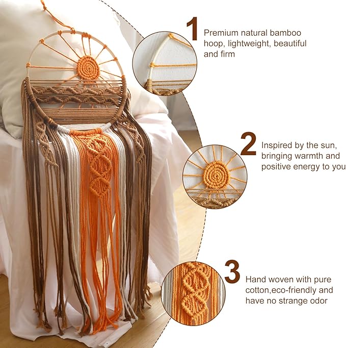 Artilady Macrame Sun Wall Decor Sunset Hanging Tapestry Wall Art Boho Woven Tapestries Large Dream Catcher, Rustic Orange Brown Home Decorations for Bedroom Living Room Nursery (Brown Sunset)