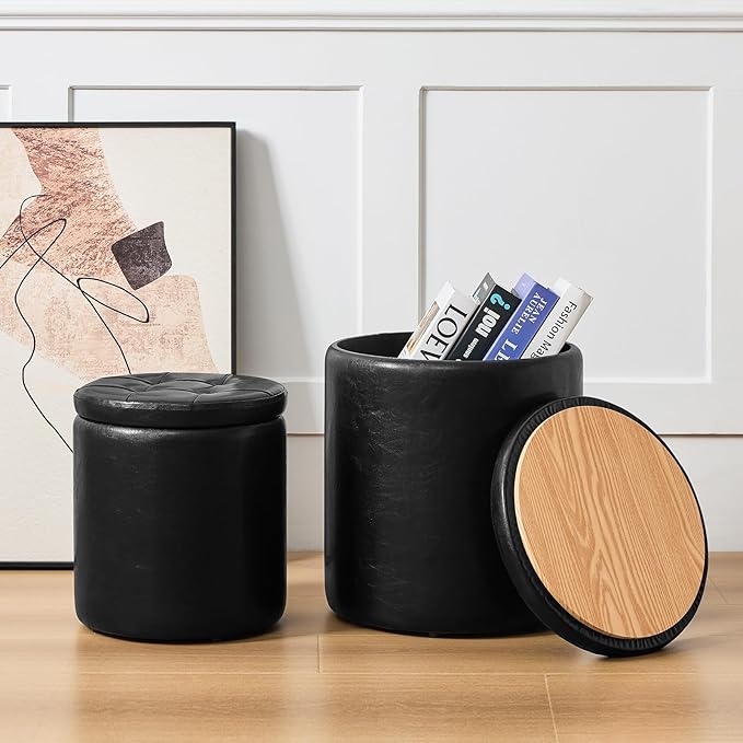 Round Ottoman with Storage Set of 2, 12.6" W x 14.17" H & 14.76" W x 17.32" H Faux Footstool Storage Ottomans for Bedroom, Living Room Padded Coffee Table Ottomen, Black
