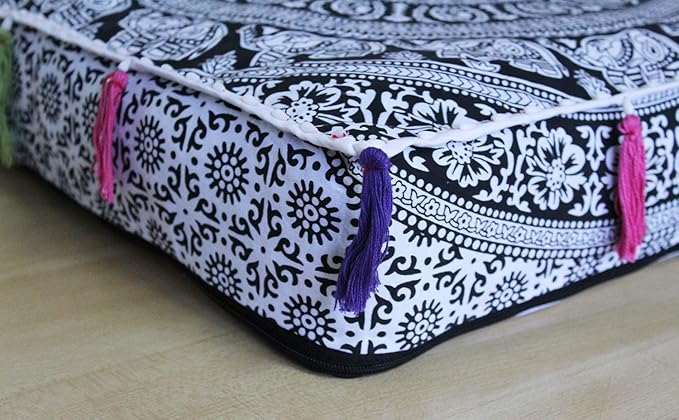 ICC Large Square Cotton Mandala Cushion Cover Hippie Ottoman Pouf Cover Daybed Floor Pillow Cover with Heavy Duty Zipper Seating Ottoman Poufs Dog-Pets Bed (Black & White Flower, 18" Square)