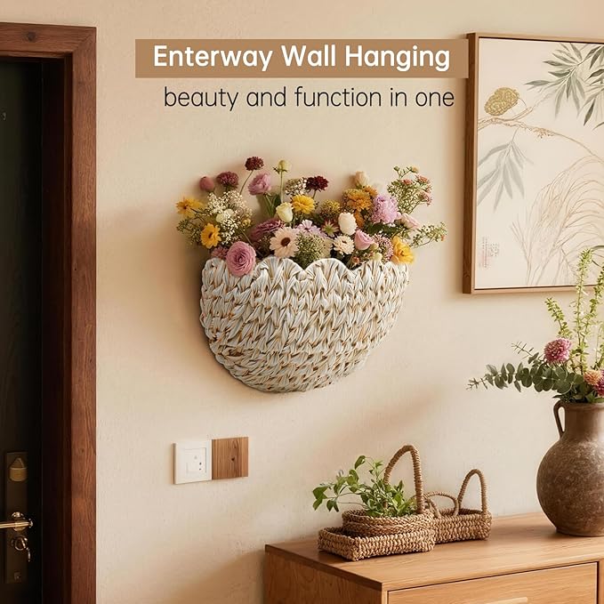 Wicker Wall Basket,Scalloped Hanging Wall Basket for Storage and Organizing,Wicker Decorative Storage Baskets for Flower,Magazine,Nursery,Front Door,Bathroom Boho Decor