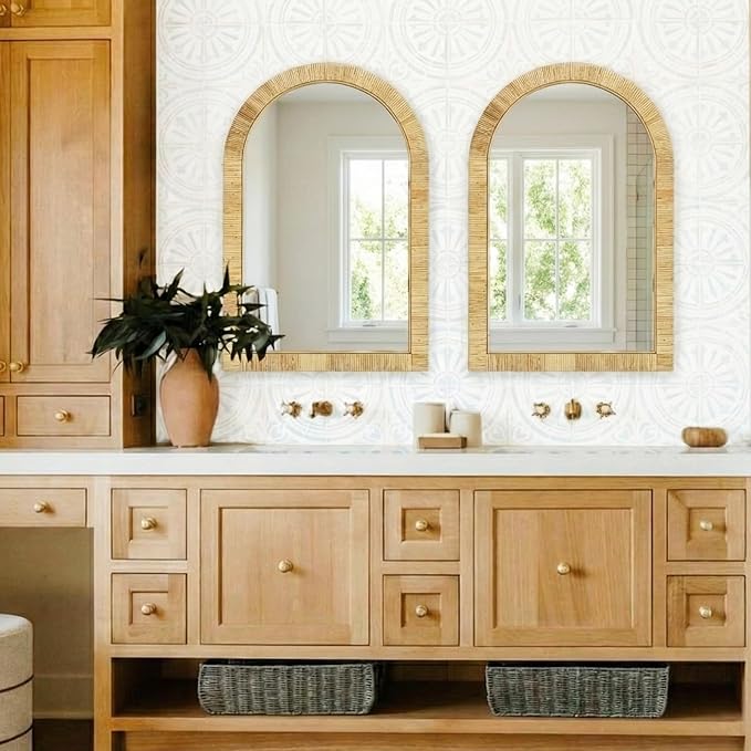 24x36 inch Rattan Arched Mirror for Wall, Bohemia Bathroom/Farmhouse Boho Mirrors, Vanity Irragular Decorative Arched Mirror, Suitable for, Bedroom, Living Room, Home Decoration