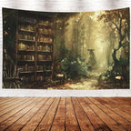 EMMTEEY Enchanting Forest Tapestry 92.5X70.9 Inch - Library Bookshelf Wall Decor for Living Room Medieval Dark Academia Backdrop for Students Women