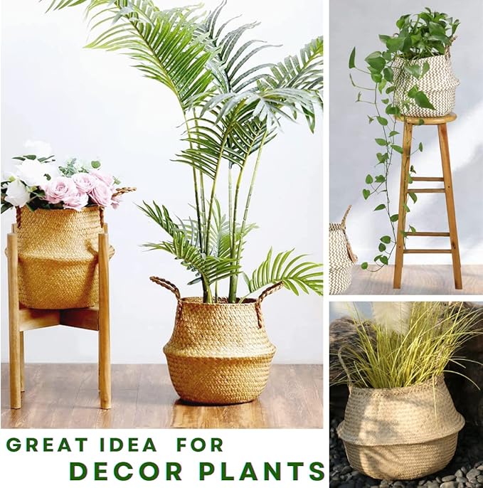 LiloCraft Seagrass Plant Basket (Size: 9x8 inches, Pattem:White Bottom) Home Decor Storage Solution with Eco-Friendly, Woven Basket Planter Indoor with Handles, Round Boho Plant Pot