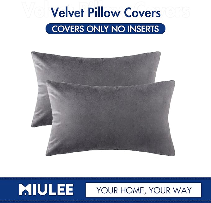 MIULEE Velvet Throw Pillow Covers 12x20 Inch, Pack of 2 - Dark Grey, Soft Solid Lumbar Decorative Pillow Covers Modern Luxury Home Decor for Chair Couch Sofa Bedroom Livingroom