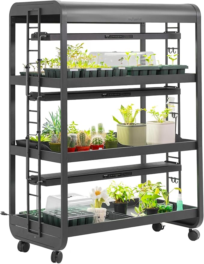Vego garden 3 Tier Rolling Metal Corner Plant Stand Indoor with 3 Ultimate Grow Light, Powerful 60 W Full-Spectrum LEDs, Plant Rack for Seed Starting, Leafy, Herbs, Fruits & Microgreens Pearl White Matte Black