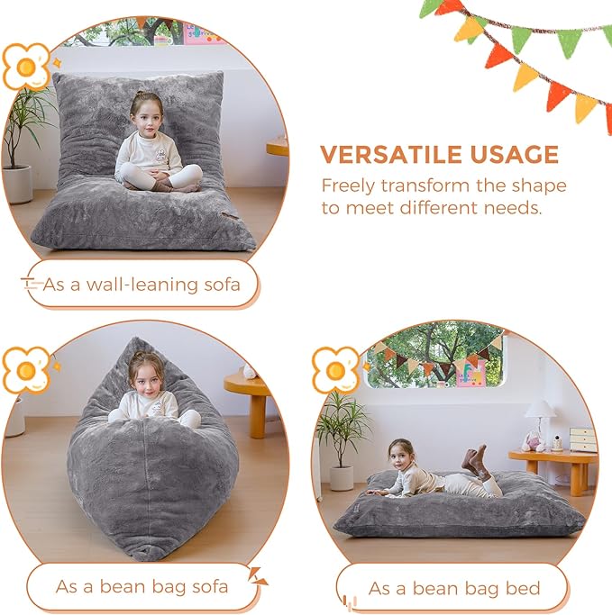 MAXYOYO 3 in 1 Kids Bean Bag Chair Bed, Child Floor Sofa for Gaming, Reading, Faux Fur Floor Mattress with High-Density Foam Filling for Living Room Bedroom