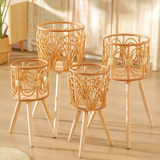 Rattan Indoor Plant Stand Straw Woven Flowers Pot Holder Stool With Legs Floor Planter Baskets Rack Wooden Plant Shelf