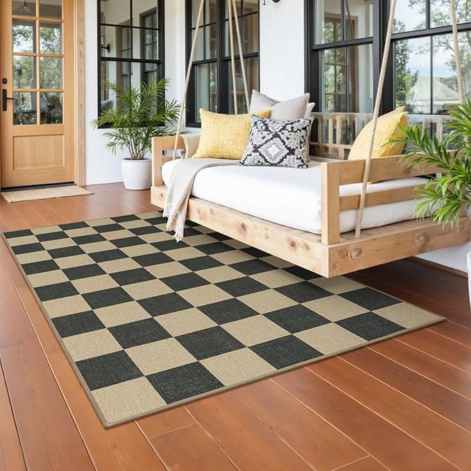 Lessymo Checkered Easy Jute Entryway Rug, 3x5 Washable Area Rugs for Living Room Outdoor Patio, Non Slip Farmhouse Carpet Indoor Door Mat for Entry Front Door Guestroom Deck, Diamond Black/Beige