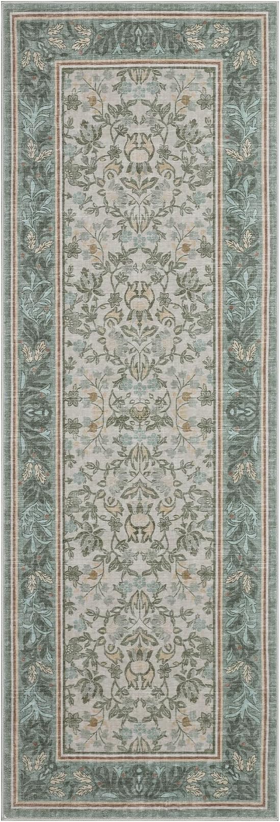 GarveeHome Runner Rugs 2x6 Kitchen Runner Rug Non Slip Washable Runners for Hallways, Boho Vintage Rugs with Rubber Backing Low-Pile Indoor Carpet for Entryway Bedroom Sage Green