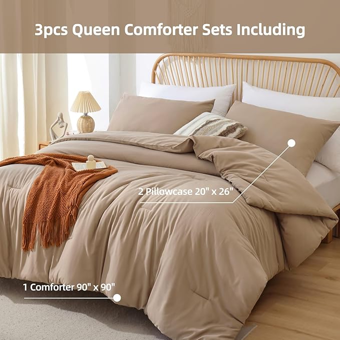 ROSGONIA Oversized King Comforter 120x120, 3pcs Super King Comforter (1 Taupe Comforter & 2 Pillowcases) Lightweight Warm Bedding Set Blanket Quilt
