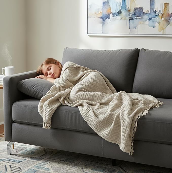 KyraHome Muslin Blankets for Adults, Kids, 50"x60", 100% Organic Cotton Throw Blanket, Plant-Dyed, Breathable Lightweight Throw Blanket for Couch, All Season (Oatmeal Khaki Tan)