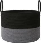 115L Extra Large Blanket Basket for Living Room - Woven Cotton Rope Laundry Hamper with Reinforced Handles - Storage Bin for Pillows, Comforters & Toys - Machine Washable, Black&Grey