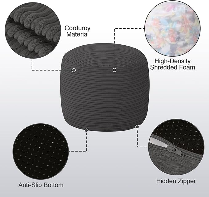 MeMoreCool Stuffed Round Pouf Ottoman Foot Rest, Soft Plush Floor Pouf Foot Stool, Corduray Footstool Footrest, Small Round Ottoman for Living Room Couch Sofa Chair, 20x15 Inch Grey