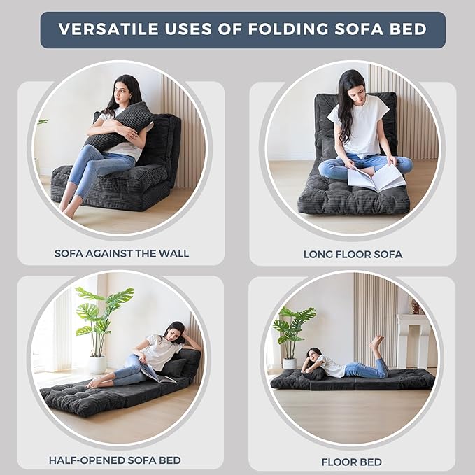 MAXYOYO Folding Sofa Bed, Tufted Bean Bag Bed with Pillows Floor Mattress for Adults, Extra Thick and Long Floor Sofa, Single Couch for Bedroom Living Room, Dark Grey, 30x91 Inch