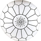 ARTOUARZAZATE Premium Moroccan Leather Pouf Cover - Round & Large Ottoman Footstool Cover with Embroidery - Cover ONLY - Perfect for The Living Room Bedroom, Kids Room, Gift & Wedding (White By Black)
