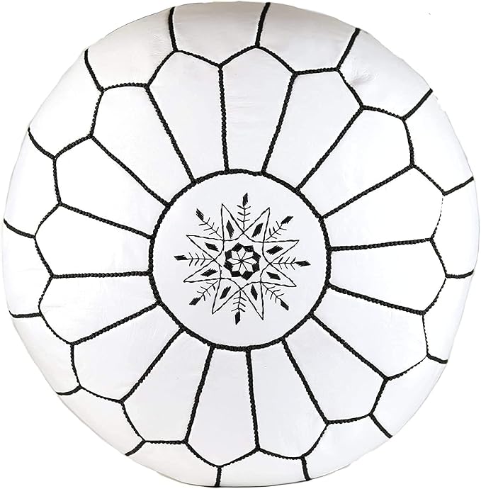 ARTOUARZAZATE Premium Moroccan Leather Pouf Cover - Round & Large Ottoman Footstool Cover with Embroidery - Cover ONLY - Perfect for The Living Room Bedroom, Kids Room, Gift & Wedding (White By Black)