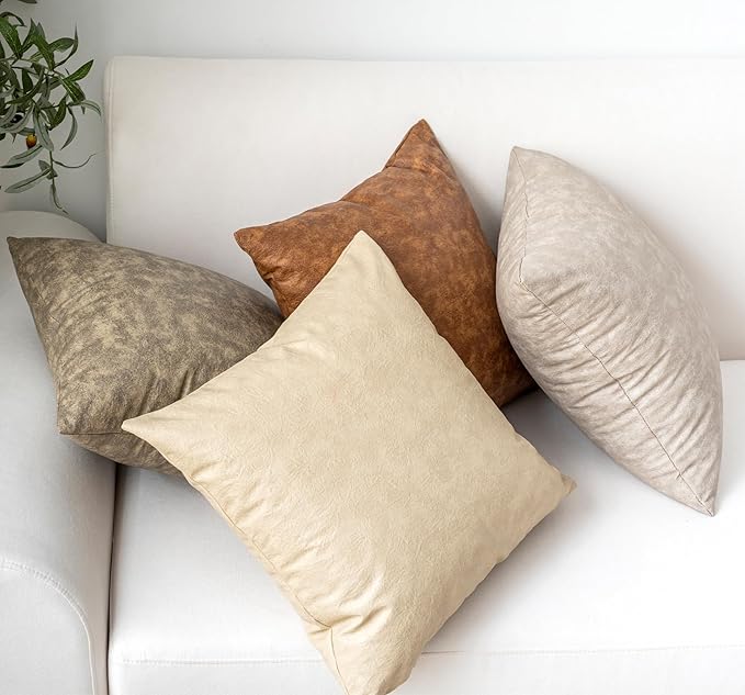 Faux Leather Pillow Covers, Pack of 2 Beige Rustic Neutral Vintage Decorative Cushion Covers 20x20, for Home Decor Outdoor Waterproof Pet Hair Resistant Abrasion Throw Pillow Covers