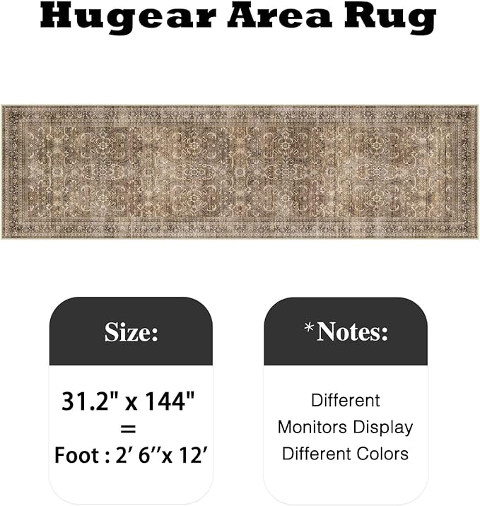 HUGEAR 2'6''x12' Runner Rug Hallway Vintage Brown Machine Washable Retro Floral Low Pile Carpet Distressed Long Throw Rug Bedroom Kitchen Laundry Non Slip Soft Lightweight