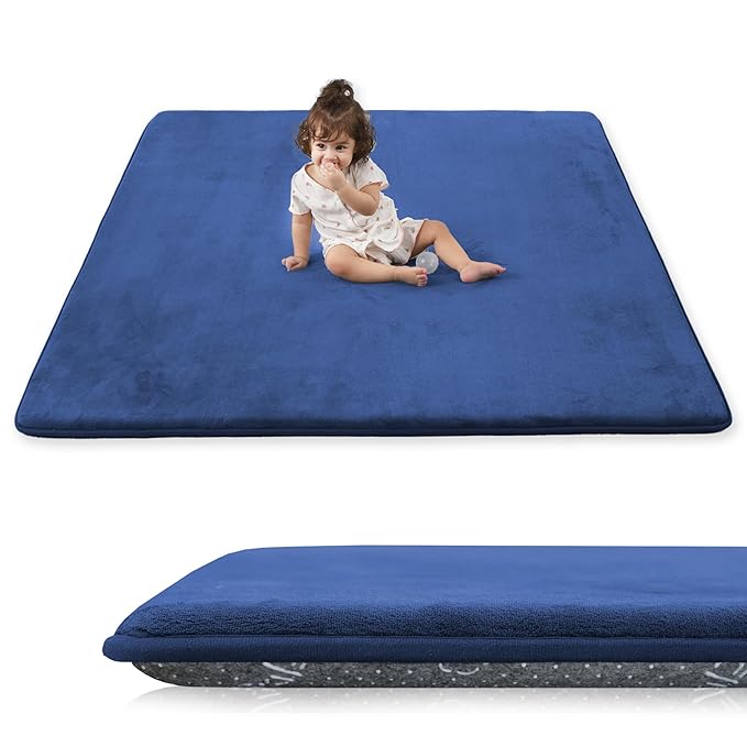 1.3" Thick Baby Play Mat for Floor, 79x79 Playpen Mat, Pro Soft Flannel Foam Mats Toddler Infant Kids Crawling for Nursery Rug Playroom Living Room Waterproof Easy Care Non-Slip (Blue)