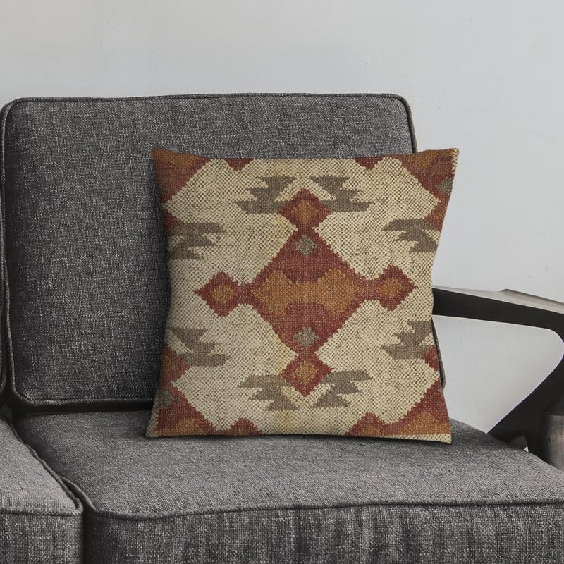 Handwoven Indian Jute Kilim Pillow Covers Rug Cushion Cases 18x18 Inches, Bohemian Vintage Decorative Throw Pillows for Home, Living Room & Farmhouse Décor - color: Pattern 12