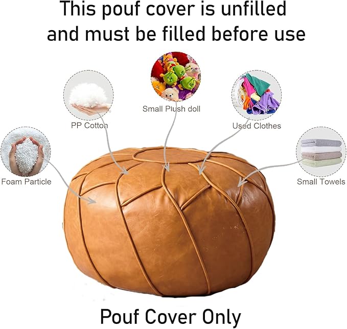 Louis Donné Unstuffed Moroccan Ottoman Pouf Cover, Handmade Faux Leather Pouf Cover with Storage, Boho Chic HomeDecor BeanBag Chair Footstool Rest for Living Seating Floor Cushion ONLYCover(Orange)