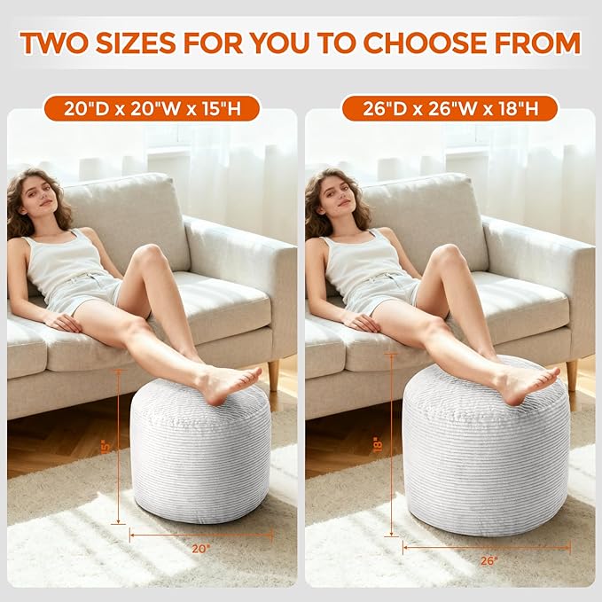 Pouf Ottoman Foot Rest, Comfortable & Soft, Round Footstool for Living Room, Bedroom, Office, Room Decoration, Corduroy Foot Stool Pouf with Odorless & Anti-Clump Filling, Small Grey
