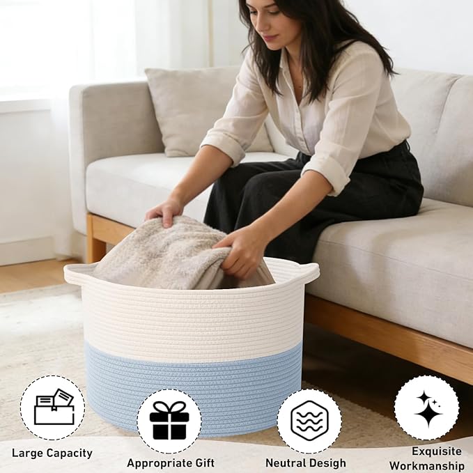 115L Large Blanket Basket,23.6" L x 23.6" W x 15.7" H Rope Woven Baskets with Handles, Toys Storage Bins,Laundry Basket Perfect for Living Room, Nursery,Bedroom,Home Organization,White&Blue