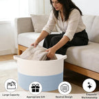 90L Large Blanket Basket,21.7"L x 21.7"W x 13.8"H Rope Woven Baskets with Handles, Toys Storage Bins,Laundry Basket Perfect for Living Room, Nursery,Bedroom,Home Organization,White&Blue