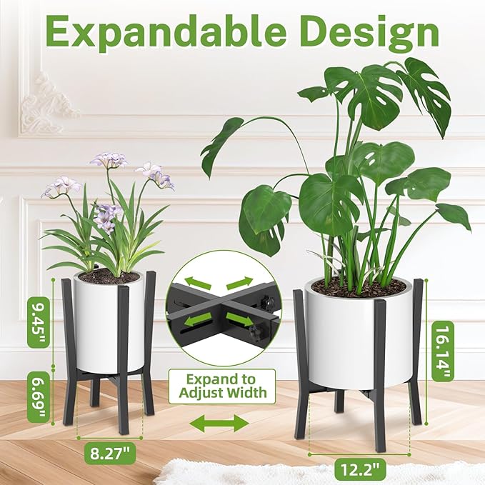 iDavosic.ly Adjustable Plant Pot Stand Indoor Outdoor, Metal Short Single Flower Holder Fits 8 to 12 Inch Large Heavy Duty Planter (Not Included) | Modern Black