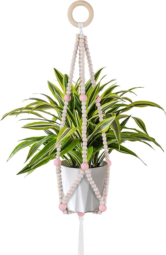 Hotfiary Plant Hanger Indoor Hanging Plant Holder Hang Planter Basket Wood Bead Decorative Flower Pot Holders Boho Farmhouse Rustic Decor Indoor Outdoor (Pot Not Included)