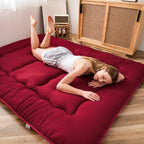 MAXYOYO Japanese Floor Mattress Futon Mattress, Thicken Sleeping Pad Foldable Roll Up Floor Futon for Adults Tatami Mat Dormitory Bed Lounger, Burgundy, Twin