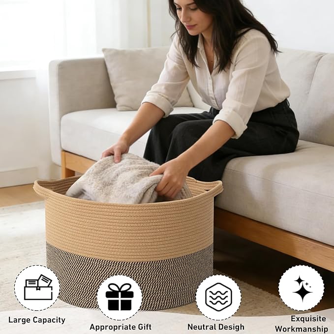 65L Large Blanket Basket,19.7" L x 19.7" W x 13" H Rope Woven Baskets with Handles, Toys Storage Bins,Laundry Basket Perfect for Living Room, Nursery,Bedroom,Home Organization,Jute&Black