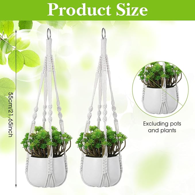 White Macrame Plant Hanger Set, 2 Pack Boho Hanging Plant Holder, Plants Hanger for Indoor Outdoor Home Decoration, 21 Inchs Braided Cotton Hanging Planters for Indoor Plants, No Tassels