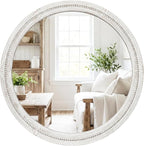 30" White Round Wood Mirror for Bathroom Vanity, Distressed Solid Wood Wall Mirror - French Country Beaded Circle Mirror for Coastal Bedroom & Nursery