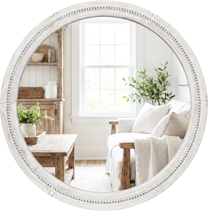 30" White Round Wood Mirror for Bathroom Vanity, Distressed Solid Wood Wall Mirror - French Country Beaded Circle Mirror for Coastal Bedroom & Nursery