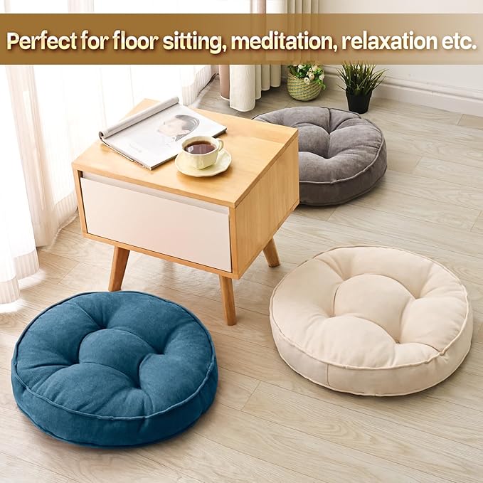 Floor Pillow Set of 2, Memory Foam Floor Cushions for Adults, Large Meditation Pillow for Sitting, 22 x 22 Inches (Round | Navy)