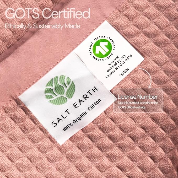 Salt Earth GOTS Certified 100% Organic Cotton Throw Blanket, 108"x90" Waffle Blankets & Throws for Bed, Throw Blanket for Couch, Cozy Christmas Blankets and Throws for Christmas Gifts (Misty Rose)