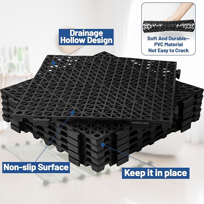 12Pcs Drainage Interlocking Floor Tiles 11.8" x 11.8", Modular Interlocking Cushion Soft PVC Floor Non-Slip Splicing Waterproof Mat for Drain, Pool, Shower, Patio, Balcony, Bathroom, Kitchen, Yard