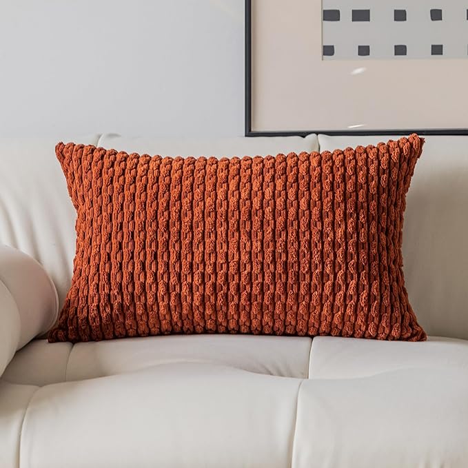 Kevin Textile Fall 12x24 Inch Pillow Cover 1 Pack Boho Decorative Soft Striped Corduroy Lumbar Farmhouse Solid Color Accent Rectangle Cushion Case for Living Room Couch Sofa Bed, Burnt Brick