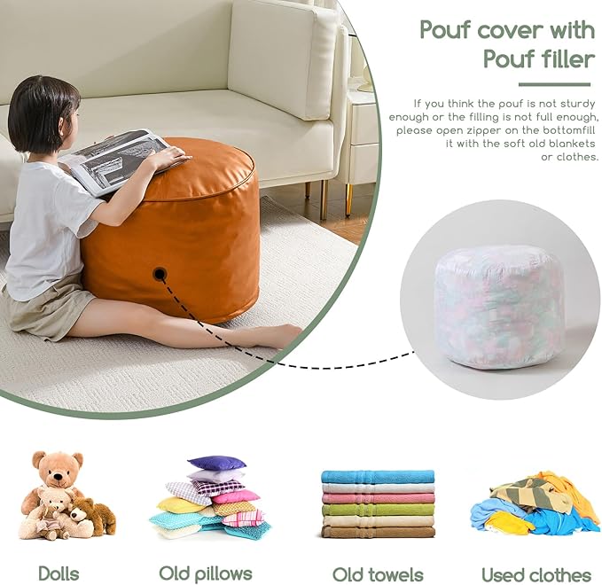 HIGOGOGO Round Stuffed Pouf Ottoman, Pu Leather Poufs with Foam Chunk Filling, Furry and Fluffy Pouf Foot Stool Storage Ottoman, 20 X 15 Floor Poufs Foot Rest for Living Room, Orange