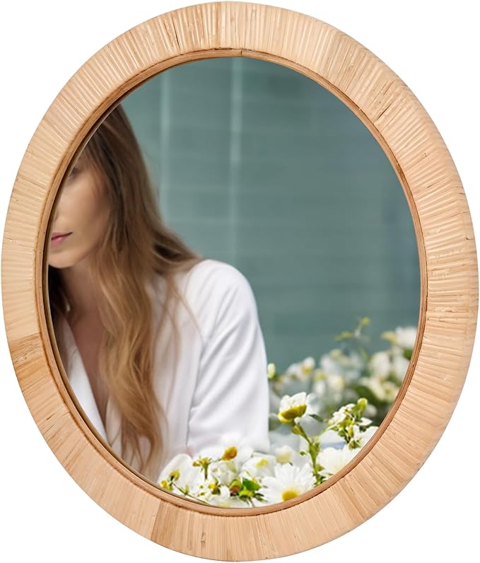 FUIN 20" Boho Round Rattan Mirror – Handwoven Wicker Wall Mirror for Nursery, Farmhouse & Coastal Décor