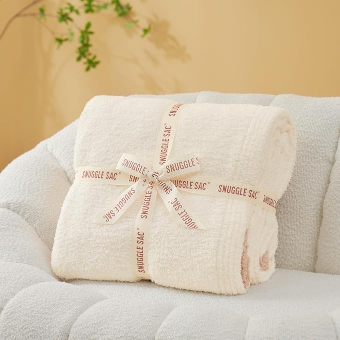 Snuggle Sac Ultra Soft Throw Blanket for Couch Bed Sofa 50x60 inches, Reversible Cream Blanket Microfiber Fluffy Fuzzy Cozy Knit Throws for Women Mothers Birthday Gifts