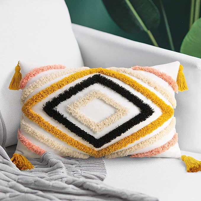 JASEN Colorful Boho Throw Pillow Covers 12x20, Diamond Pattern Lumbar Pillow Covers with Tassel Woven Tufted Decorative Pillow Cover for Couch Sofa Bedroom Living Room