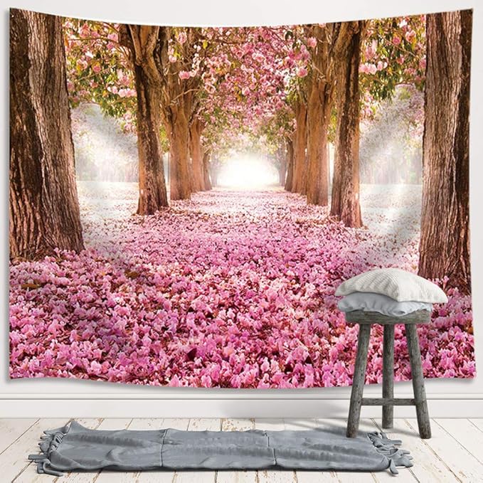 JAWO Pink Sakura Flower Tapestry Wall Hanging, Floral Cherry Blossom Tree in Spring Tapestries for Dorm Living Room Bedroom, Wall Blanket Beach Towels Home Decor 71X60 Inches