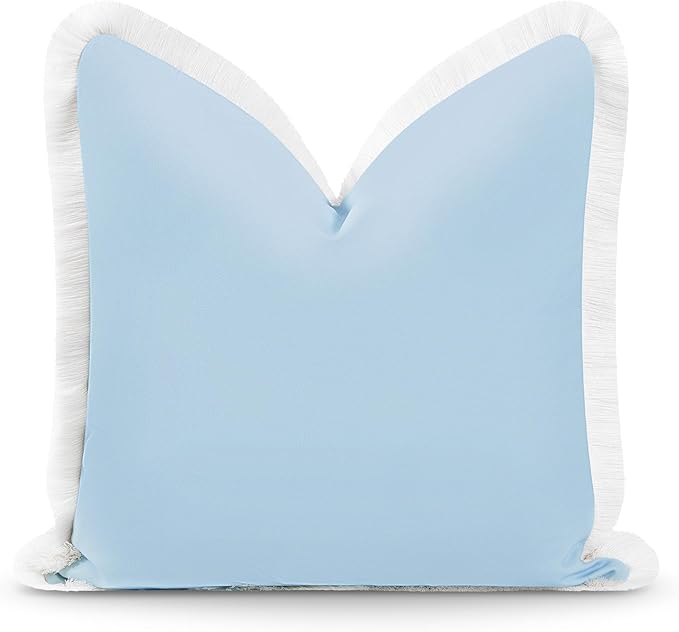 Hofdeco Premium Coastal Hampton Style Patio Indoor Outdoor Pillow Cover Only, 20"x20" Water Resistant for Backyard, Couch, Solid Baby Blue White Fringe