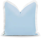 Hofdeco Premium Coastal Hampton Style Patio Indoor Outdoor Pillow Cover Only, 20"x20" Water Resistant for Backyard, Couch, Solid Baby Blue White Fringe
