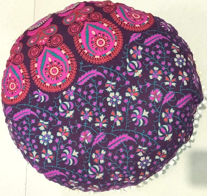 CRAFT KALA Mandala Floor Pillow Cushion Cover Seating Throw Cover Hippie Decorative Bohemian Ottoman Pouf Pom Pom Pillow Cases Boho Indian Cotton Living Room Home Décor 24" Round Set Of 2 Pink Peacock